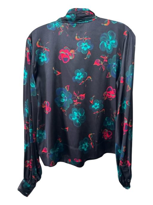 Ganni Size 36 Black, Teal, Red Silk Floral Tie Neck Long Sleeve Top Black, Teal, Red / 36