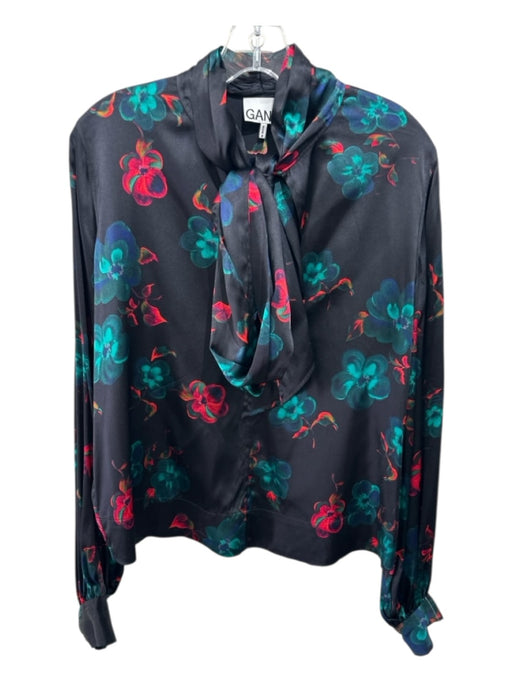 Ganni Size 36 Black, Teal, Red Silk Floral Tie Neck Long Sleeve Top Black, Teal, Red / 36