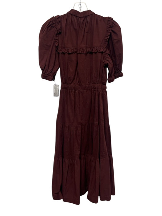 Sea New York Size 0 Burgundy Brown Cotton Short Puff Sleeve Buttons Midi Dress Burgundy Brown / 0