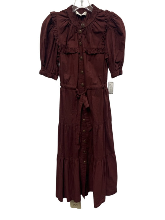 Sea New York Size 0 Burgundy Brown Cotton Short Puff Sleeve Buttons Midi Dress Burgundy Brown / 0