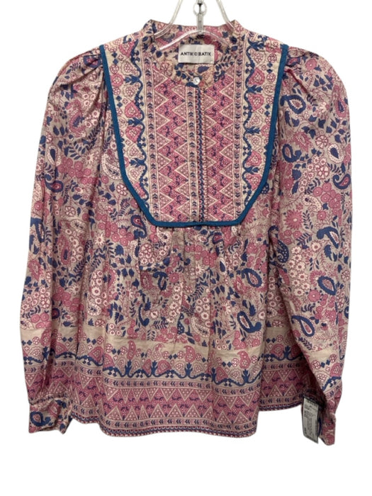 Antik Batik Size 36/XS Pink, Blue, Cream Cotton Long puff sleeve Top Pink, Blue, Cream / 36/XS