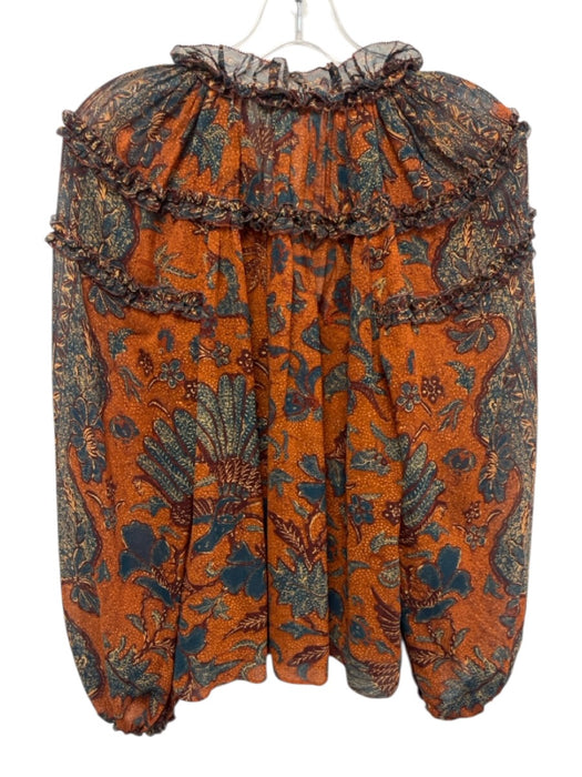 Ulla Johnson Size 0 Orange, Blue, Brown Silk Long puff sleeve Floral Print Top Orange, Blue, Brown / 0