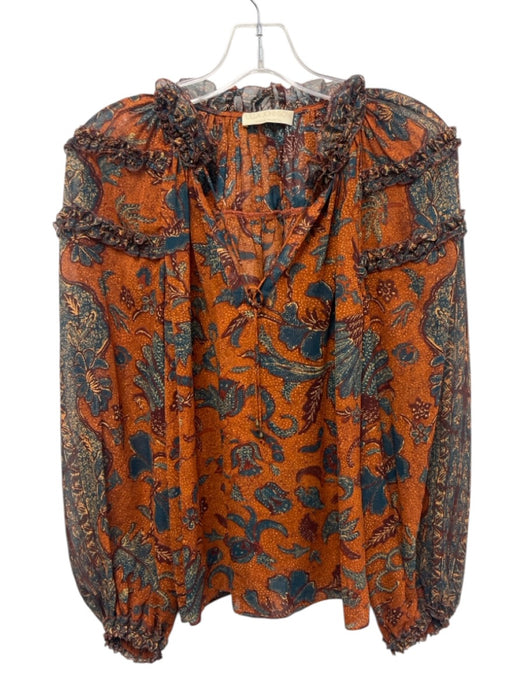 Ulla Johnson Size 0 Orange, Blue, Brown Silk Long puff sleeve Floral Print Top Orange, Blue, Brown / 0