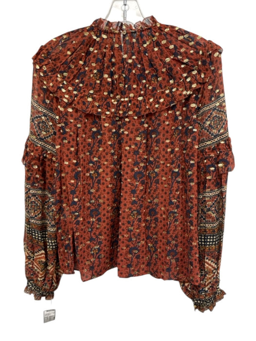 Ulla Johnson Size 0 Brown, Blue, Gold Silk Long puff sleeve Floral Print Top Brown, Blue, Gold / 0