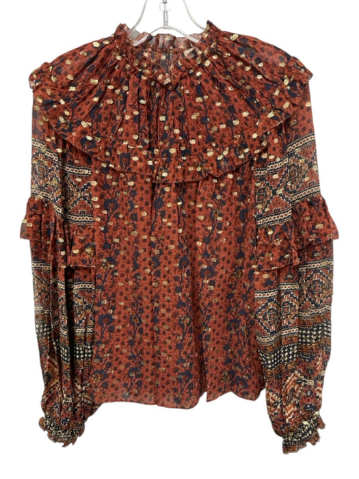 Ulla Johnson Size 0 Brown, Blue, Gold Silk Long puff sleeve Floral Print Top Brown, Blue, Gold / 0