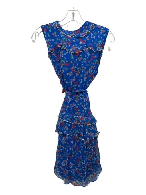 Saloni Size 8 Blue & Multi Silk Floral Ruffle Sleeveless Button Front Dress Blue & Multi / 8