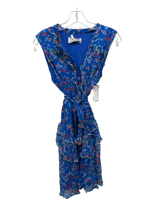 Saloni Size 8 Blue & Multi Silk Floral Ruffle Sleeveless Button Front Dress Blue & Multi / 8