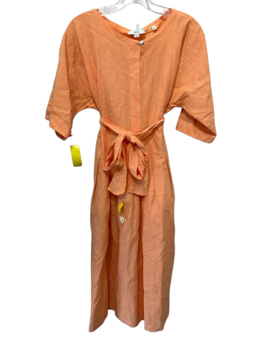 Vince Size S Orange Linen Blend Short Sleeve Pleated Waist Pocketed Dress Orange / S