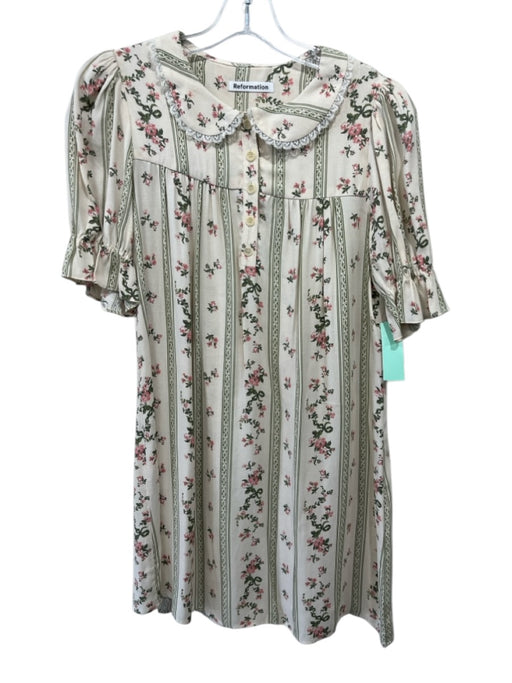 Reformation Size S Cream White, Pink & Green Viscose Blend Floral Stripe Dress Cream White, Pink & Green / S