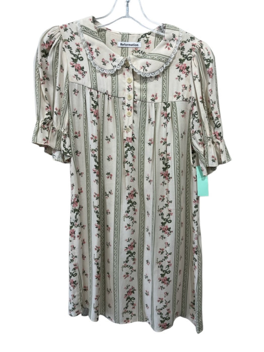 Reformation Size S Cream White, Pink & Green Viscose Blend Floral Stripe Dress Cream White, Pink & Green / S