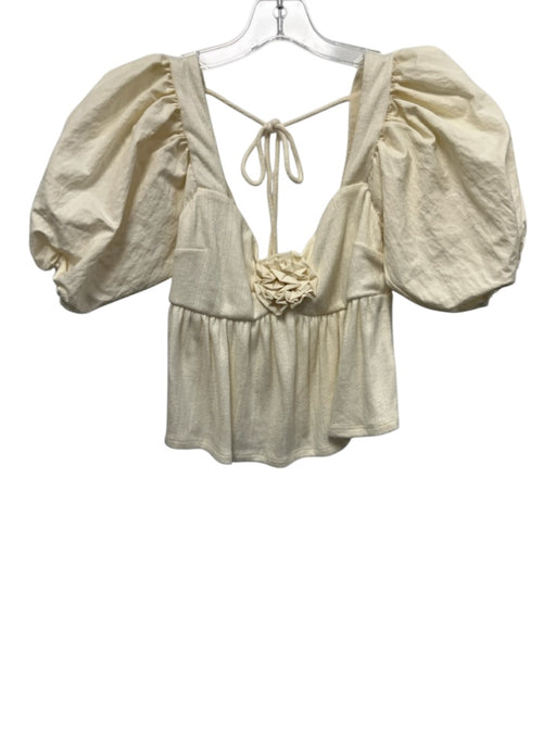 For Love & Lemons Size S Cream White Rayon Blend 1/2 Puff Sleeve Square Neck Top Cream White / S