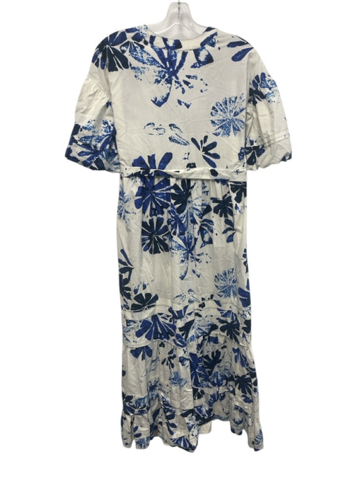 Marie Oliver Size S White & Blue Cotton Abstract Botanical Print V Neck Dress White & Blue / S