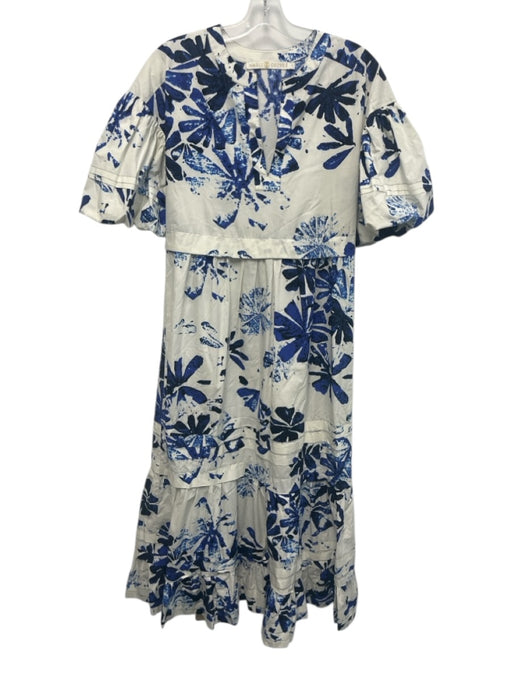 Marie Oliver Size S White & Blue Cotton Abstract Botanical Print V Neck Dress White & Blue / S