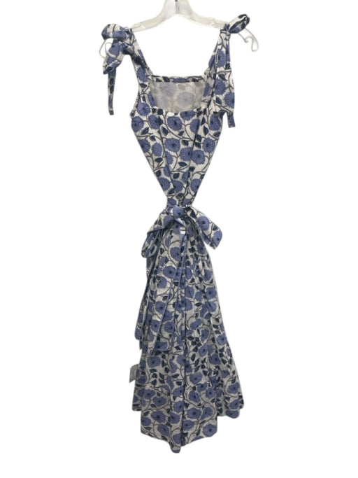 Victoria Dunn Size S White & Blue Cotton Floral Blocked Print Tie Shoulder Dress White & Blue / S