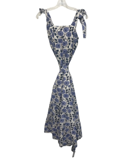 Victoria Dunn Size S White & Blue Cotton Floral Blocked Print Tie Shoulder Dress White & Blue / S