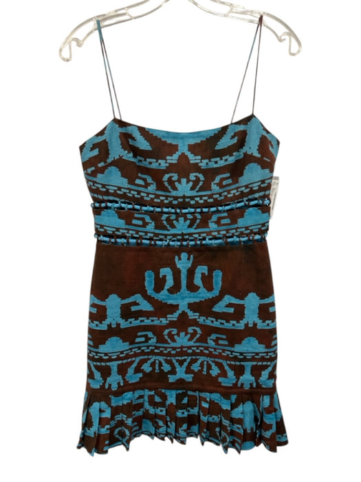 Alexis Size S Blue & Brown Linen Blend Abstract Pleated Mini Dress Blue & Brown / S