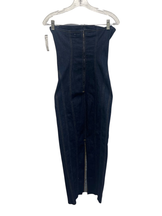 Zara Size S Indigo Blue Cotton Blend Contrast Stitch Bustier Back Slit Dress Indigo Blue / S