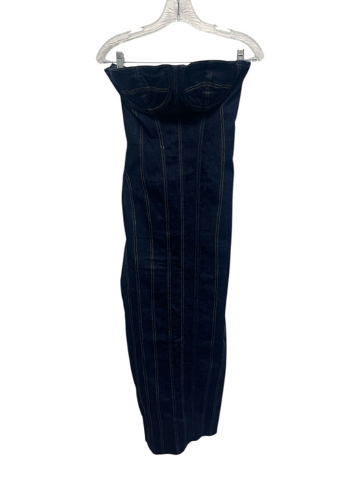 Zara Size S Indigo Blue Cotton Blend Contrast Stitch Bustier Back Slit Dress Indigo Blue / S