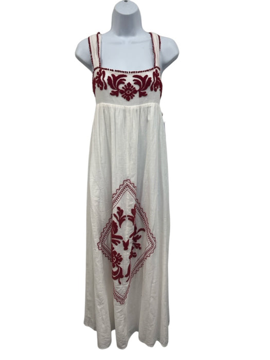 Zara Size S White & Red Cotton Embroidered Tie Back Empire Waist Midi Dress White & Red / S