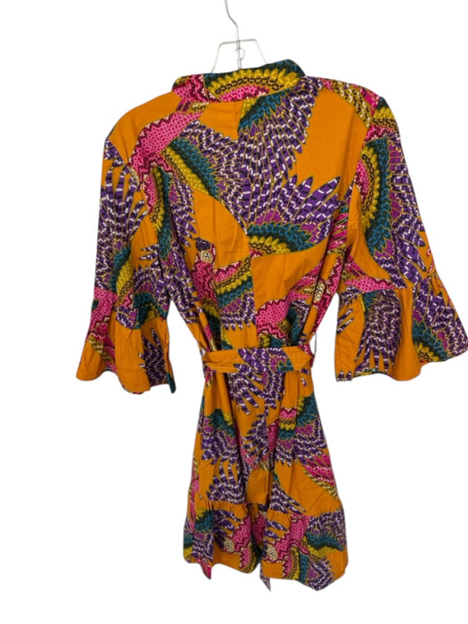 Farm Rio Size L Mustard & Multi Cotton Abstract Bird Print Mini Collar Dress Mustard & Multi / L