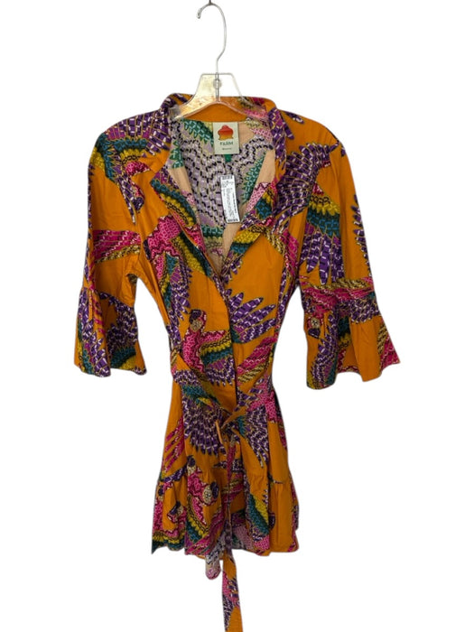 Farm Rio Size L Mustard & Multi Cotton Abstract Bird Print Mini Collar Dress Mustard & Multi / L