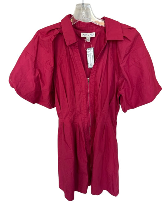 She & Sky Size L Magenta Cotton & Polyester Short Puff Sleeve Front Zip Dress Magenta / L