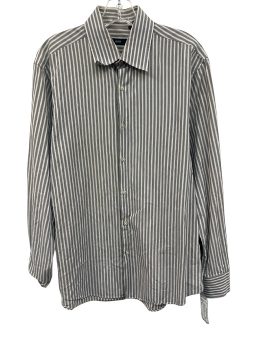 Boss Size 16.5 White & Gray Cotton Striped Button Down Men's Long Sleeve Shirt White & Gray / 16.5