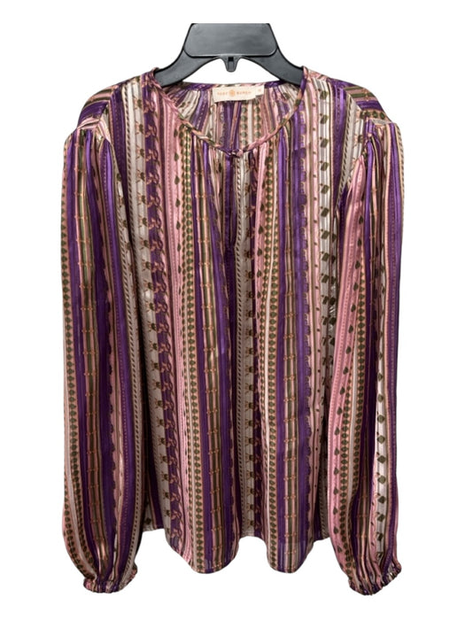 Tory Burch Size 12 Purple & Pink Print Viscose & Silk Vertical Stripes Top Purple & Pink Print / 12