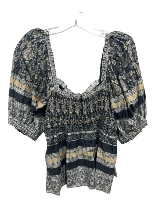 Sea New York Size M Navy Blue & Beige Cotton Horizontal Stripes Floral Top Navy Blue & Beige / M