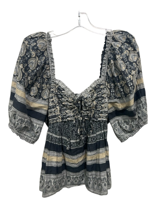 Sea New York Size M Navy Blue & Beige Cotton Horizontal Stripes Floral Top Navy Blue & Beige / M