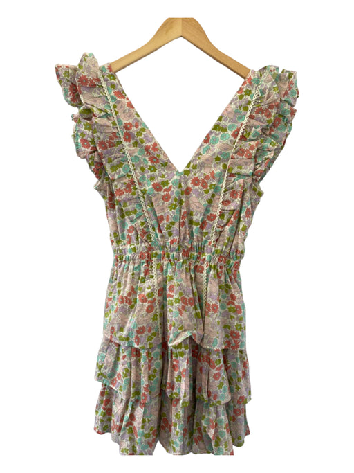 Love The Label Size S White, Pink, Green Cotton floral print Ruffle V Neck Dress White, Pink, Green / S