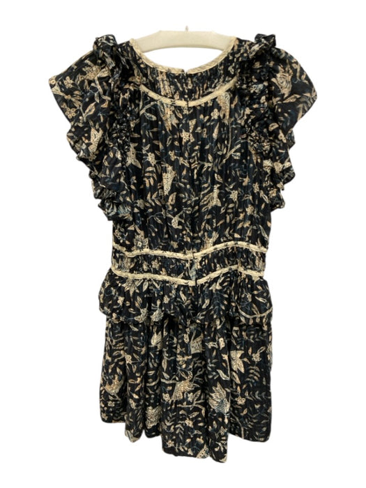 Ulla Johnson Size S / 6 Navy Blue & Beige Cotton Floral Ruffle Waistband Dress Navy Blue & Beige / S / 6