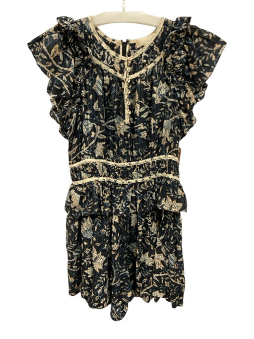 Ulla Johnson Size S / 6 Navy Blue & Beige Cotton Floral Ruffle Waistband Dress Navy Blue & Beige / S / 6