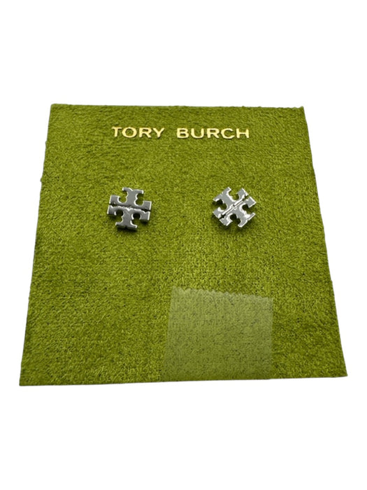 Tory Burch Silver Gold Plated brass Post Back Logo Stud Earrings Silver