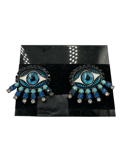 Elizabeth Cole Blue, Black & Silver Crystal Glass Post Back Evil Eye Earrings Blue, Black & Silver