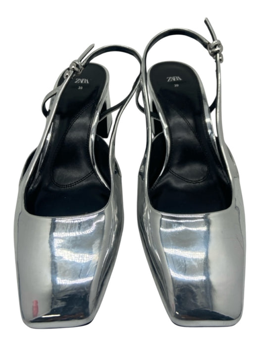 Zara Shoe Size 39 Silver Leather Square Toe Slingback Midi Block Heel Pumps Silver / 39