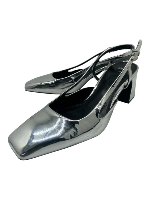 Zara Shoe Size 39 Silver Leather Square Toe Slingback Midi Block Heel Pumps Silver / 39