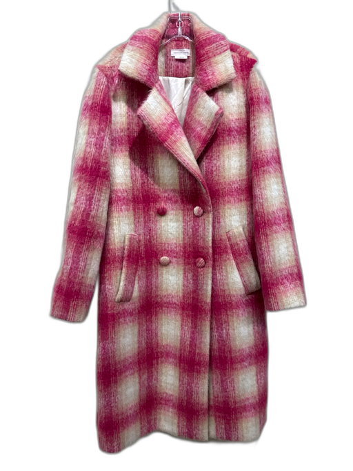 Lovers and Friends Size Small Pink, Beige & White Polyester Plaid Fuzzy Coat Pink, Beige & White / Small