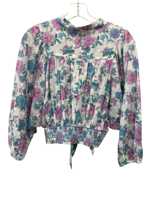 Loveshackfancy Size M White & Multi Cotton Long Sleeve Floral Buttons Crop Top White & Multi / M