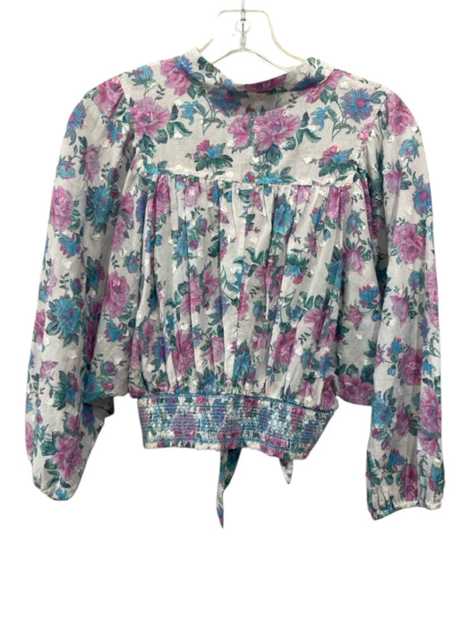 Loveshackfancy Size M White & Multi Cotton Long Sleeve Floral Buttons Crop Top White & Multi / M