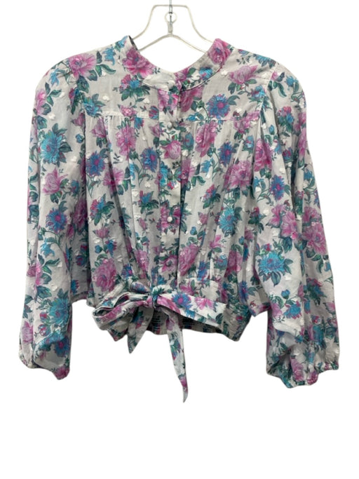 Loveshackfancy Size M White & Multi Cotton Long Sleeve Floral Buttons Crop Top White & Multi / M