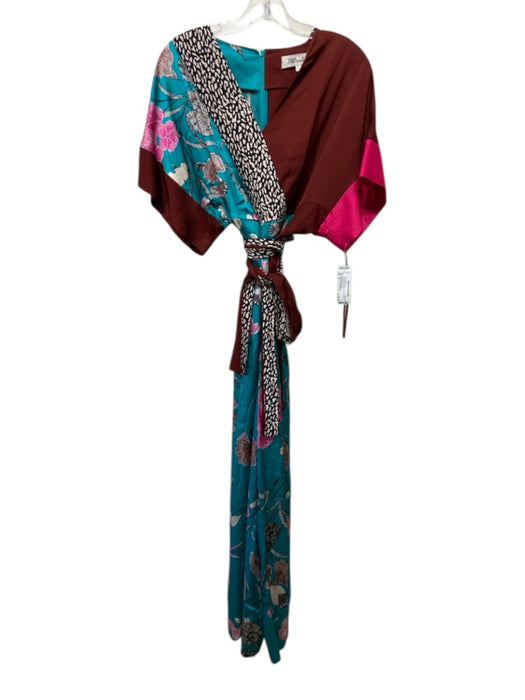Diane Von Furstenberg Size S Red & Teal Viscose Satin Print Block Jumpsuit Red & Teal / S