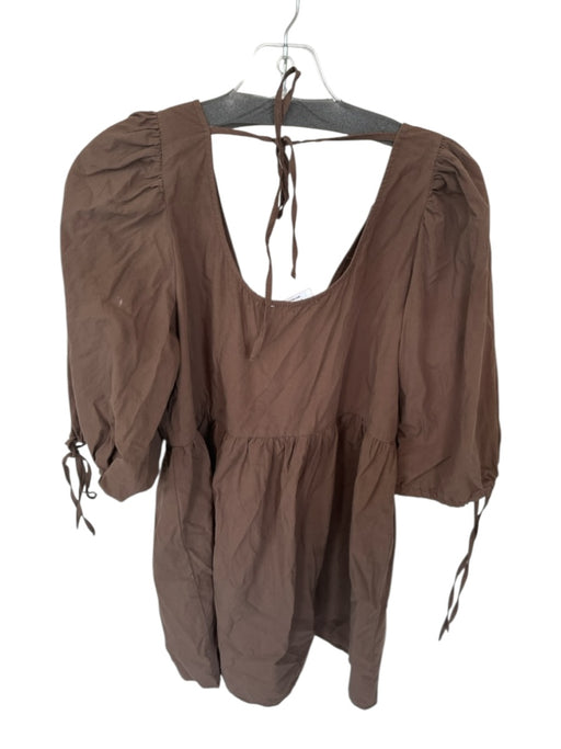 Showpo Size 4 Brown Cotton Tie Sleeve Puff Sleeve V Neck Front Tie Dress Brown / 4