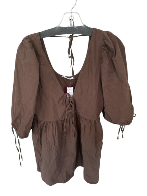 Showpo Size 4 Brown Cotton Tie Sleeve Puff Sleeve V Neck Front Tie Dress Brown / 4