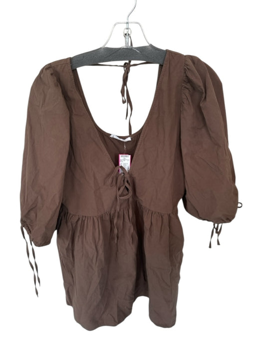 Showpo Size 4 Brown Cotton Tie Sleeve Puff Sleeve V Neck Front Tie Dress Brown / 4