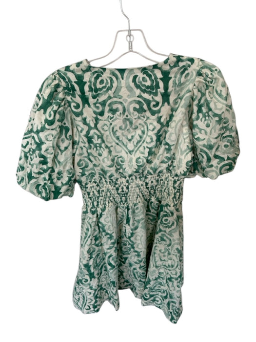 Christian Lacroix Size 4 Green & Cream Polyester Blend V Neck Puff Sleeve Dress Green & Cream / 4