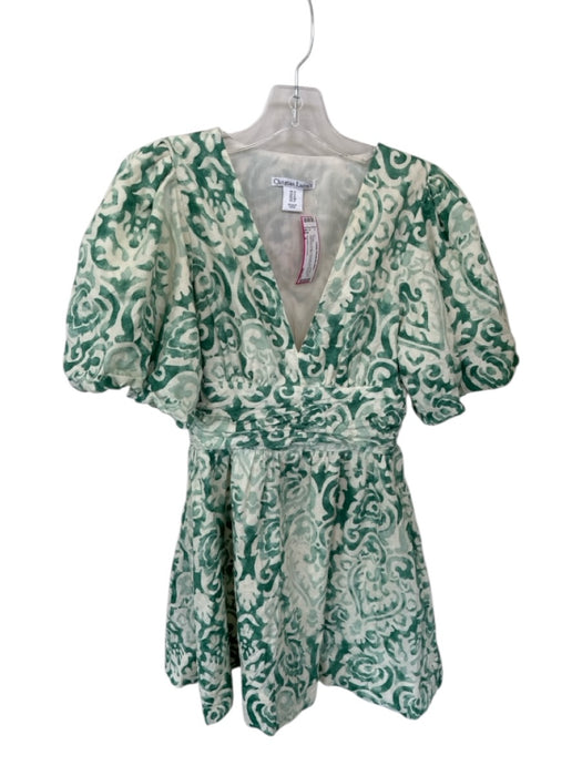 Christian Lacroix Size 4 Green & Cream Polyester Blend V Neck Puff Sleeve Dress Green & Cream / 4