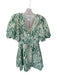 Christian Lacroix Size 4 Green & Cream Polyester Blend V Neck Puff Sleeve Dress Green & Cream / 4