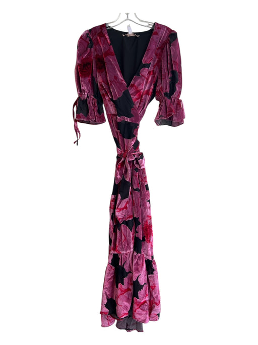 Hutch Size S Black & Pink Viscose Blend Velvet Short Puff Sleeve Wrap Dress Black & Pink / S