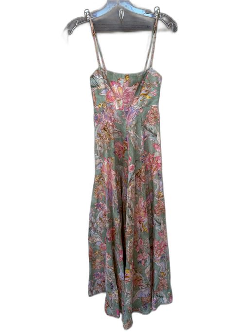 Zimmermann Size 0/XS Green & Multi Linen Flower Spaghetti Strap Maxi Dress Green & Multi / 0/XS
